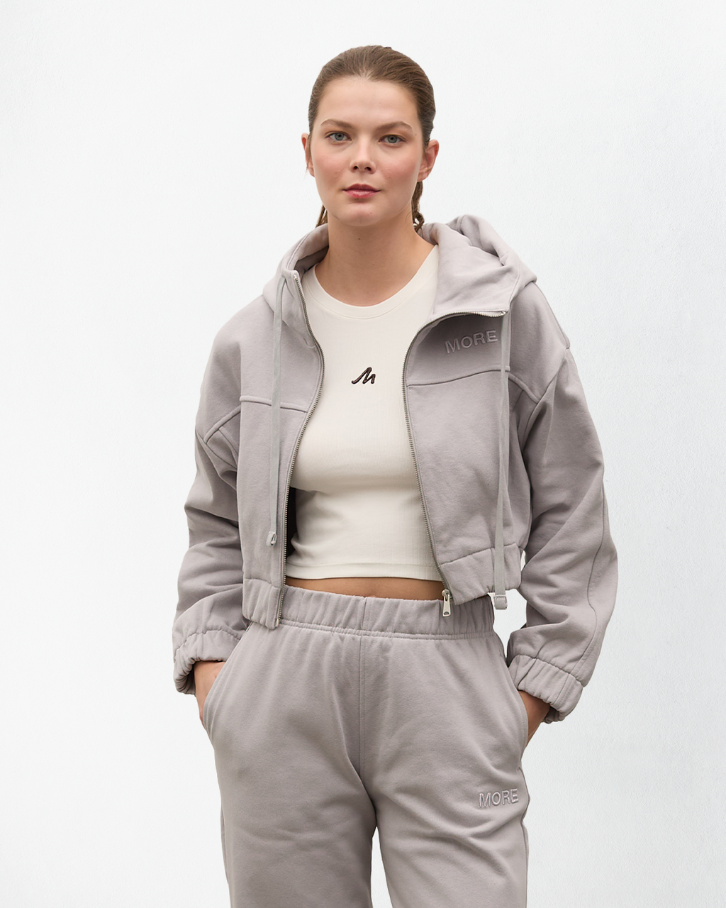 Indo Kapüşonlu Fermuarlı Crop Sweatshirt - Gri