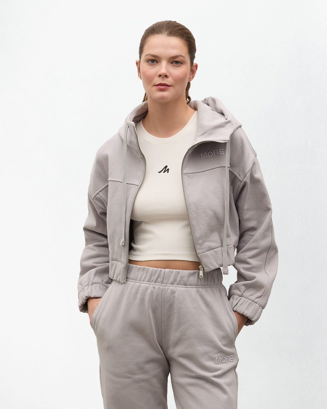 Indo Kapüşonlu Fermuarlı Crop Sweatshirt - Gri