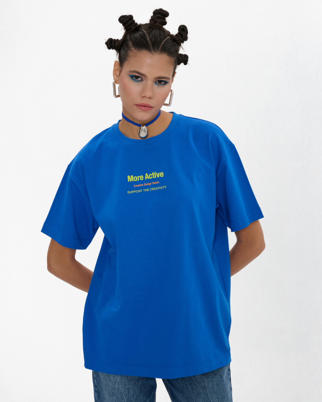 Label Oversize Grafik Baskılı T-Shirt - Mavi