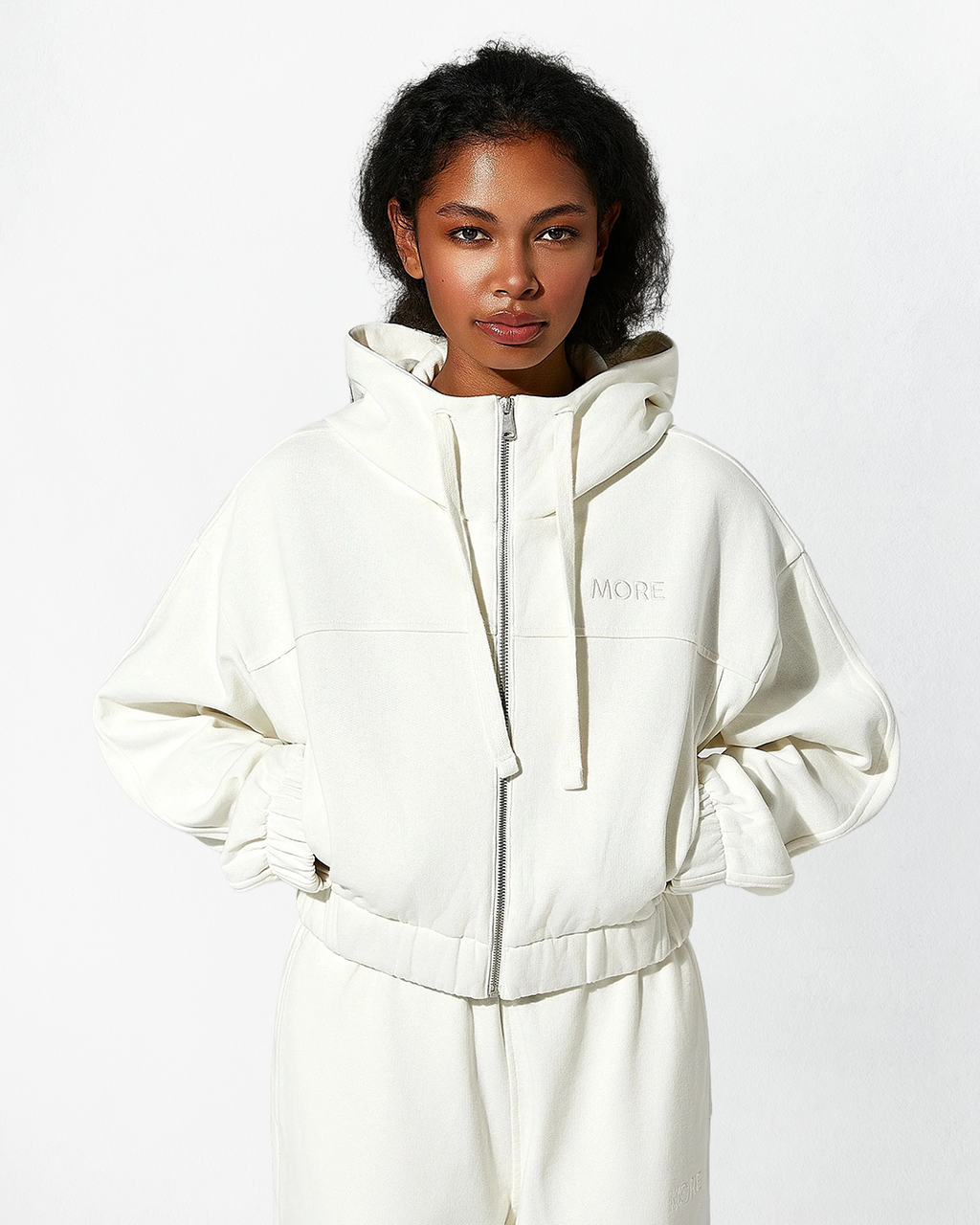 Indo Kapüşonlu Fermuarlı Crop Sweatshirt - Ecru