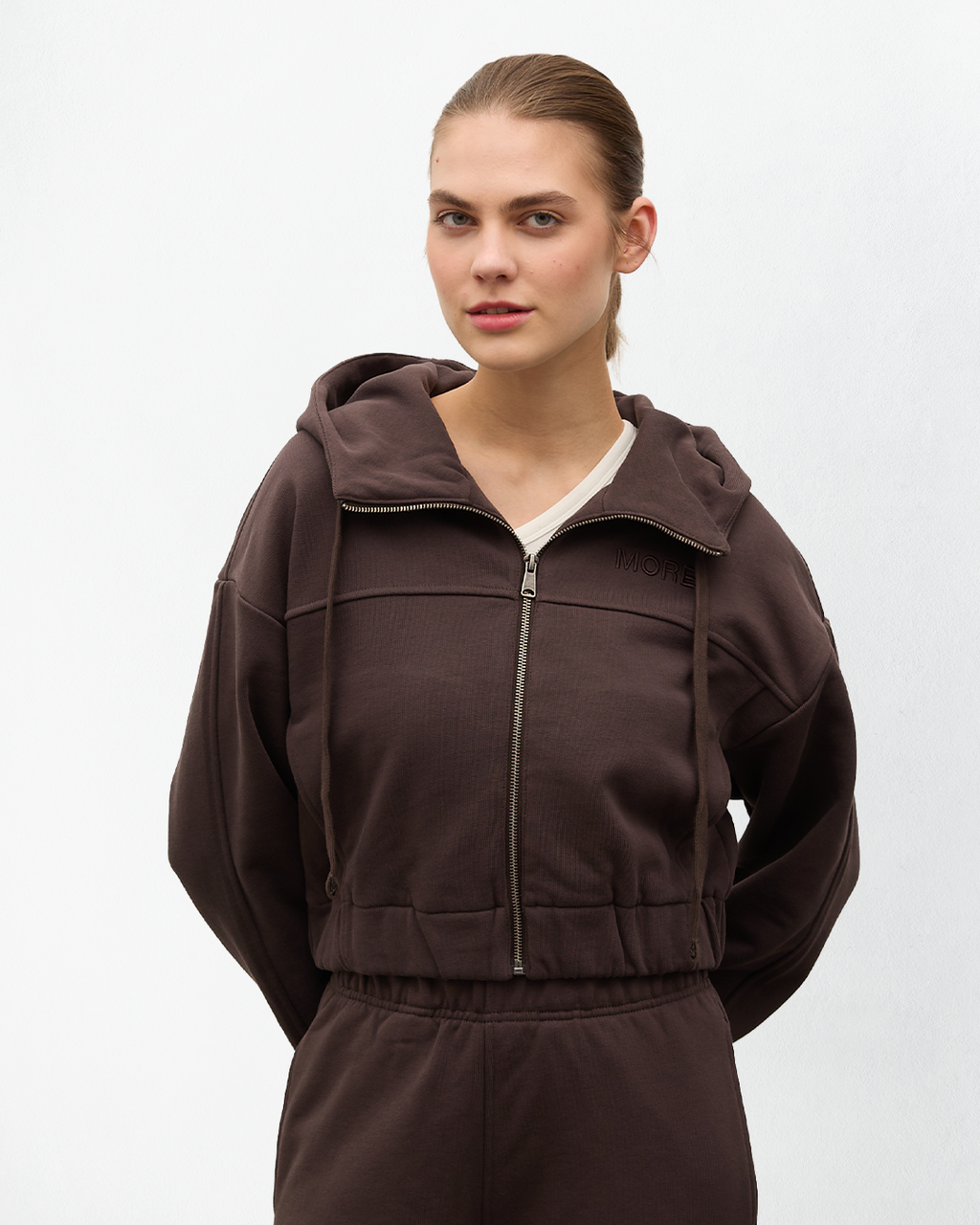 Indo Kapüşonlu Fermuarlı Crop Sweatshirt - Kahverengi