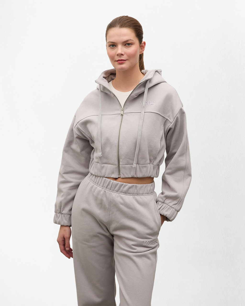 Indo Kapüşonlu Fermuarlı Crop Sweatshirt - Gri