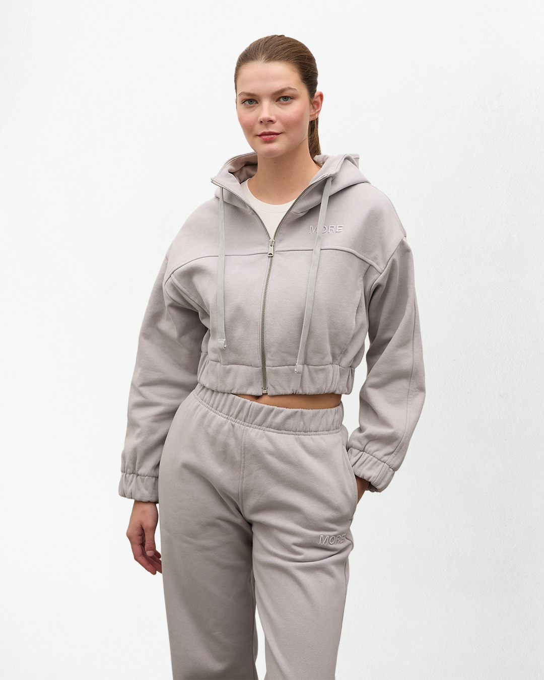 Indo Kapüşonlu Fermuarlı Crop Sweatshirt - Gri