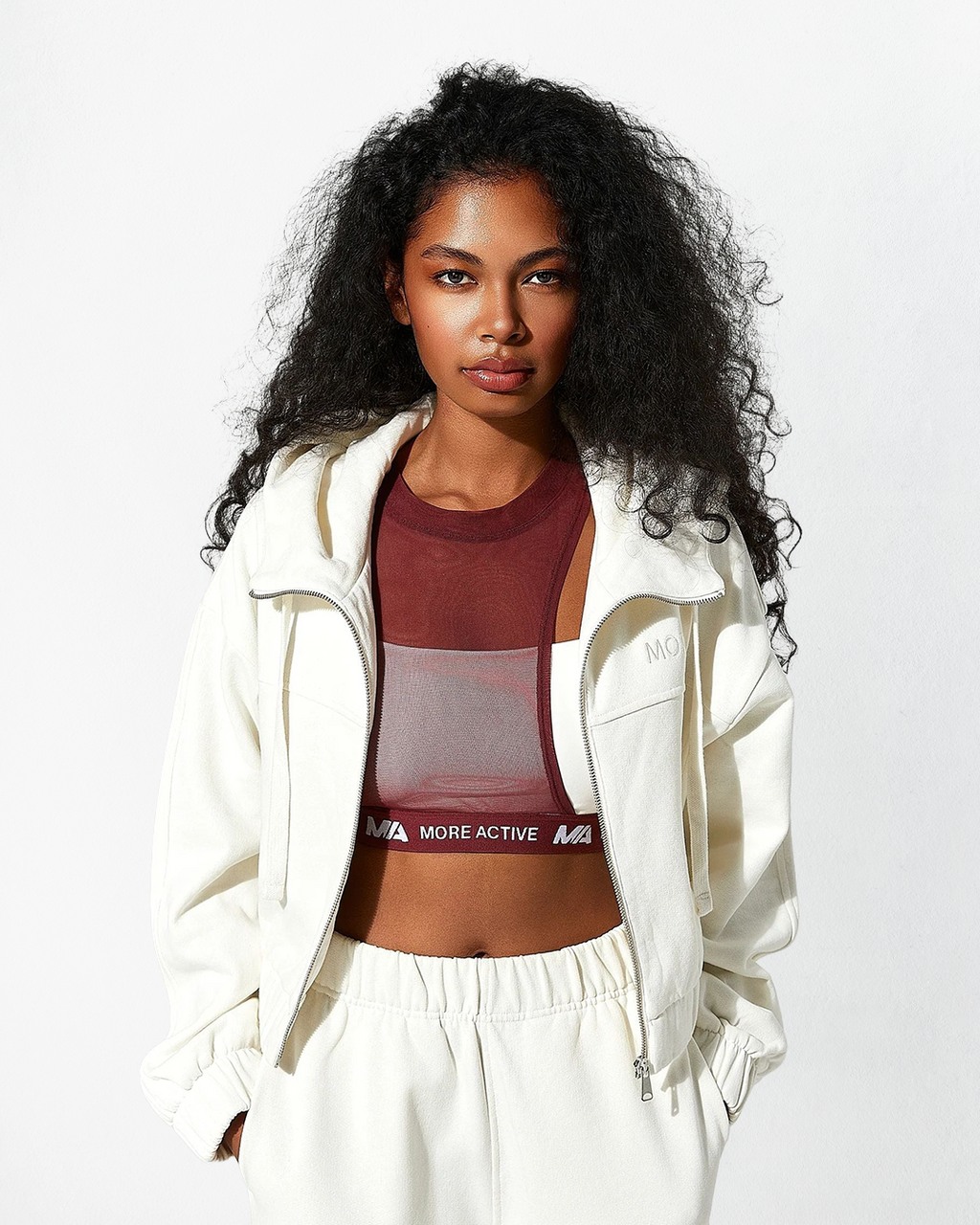 Indo Kapüşonlu Fermuarlı Crop Sweatshirt - Ecru