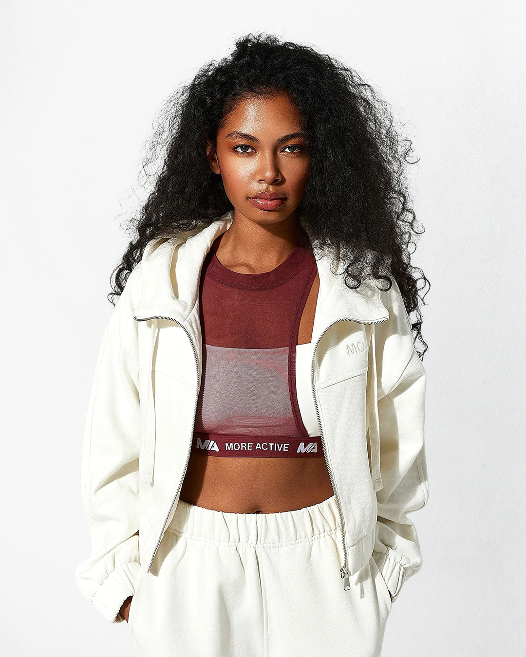 Indo Kapüşonlu Fermuarlı Crop Sweatshirt - Ecru