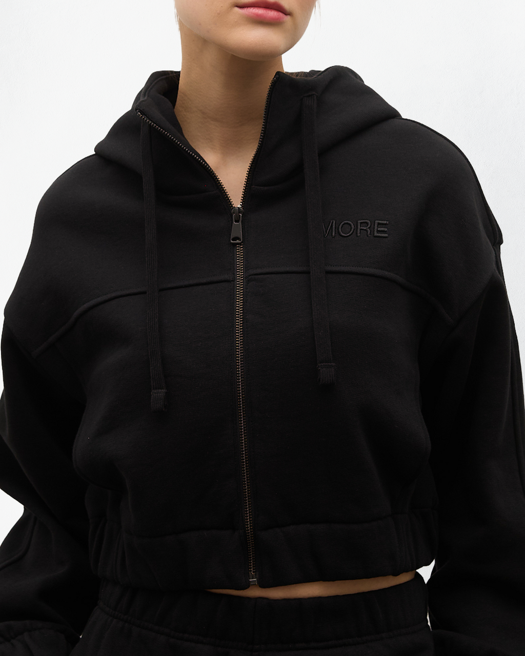 Indo Kapüşonlu Fermuarlı Crop Sweatshirt - Siyah
