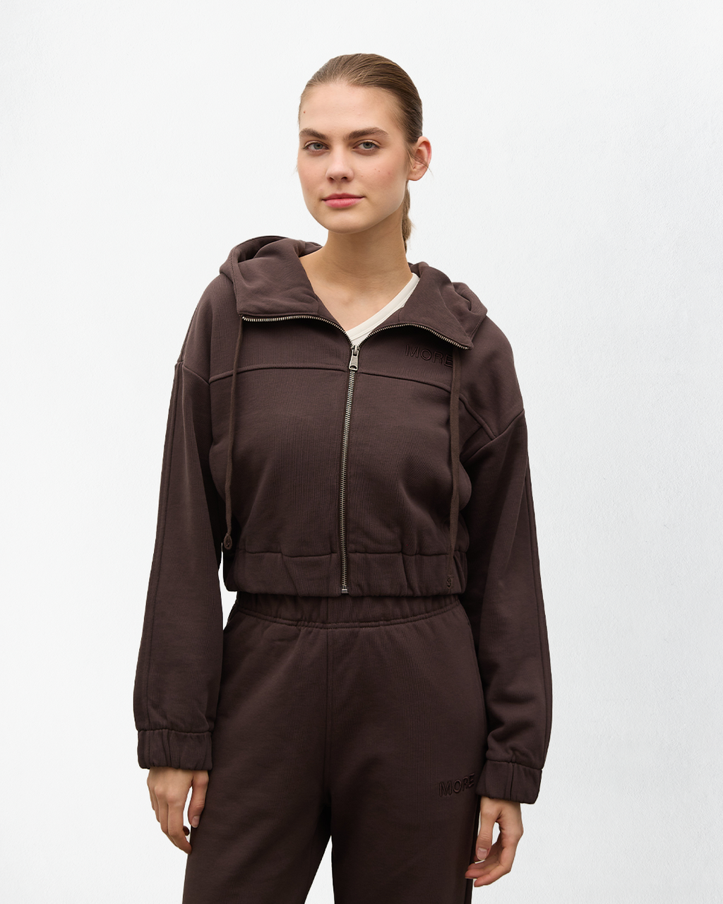 Indo Kapüşonlu Fermuarlı Crop Sweatshirt - Kahverengi