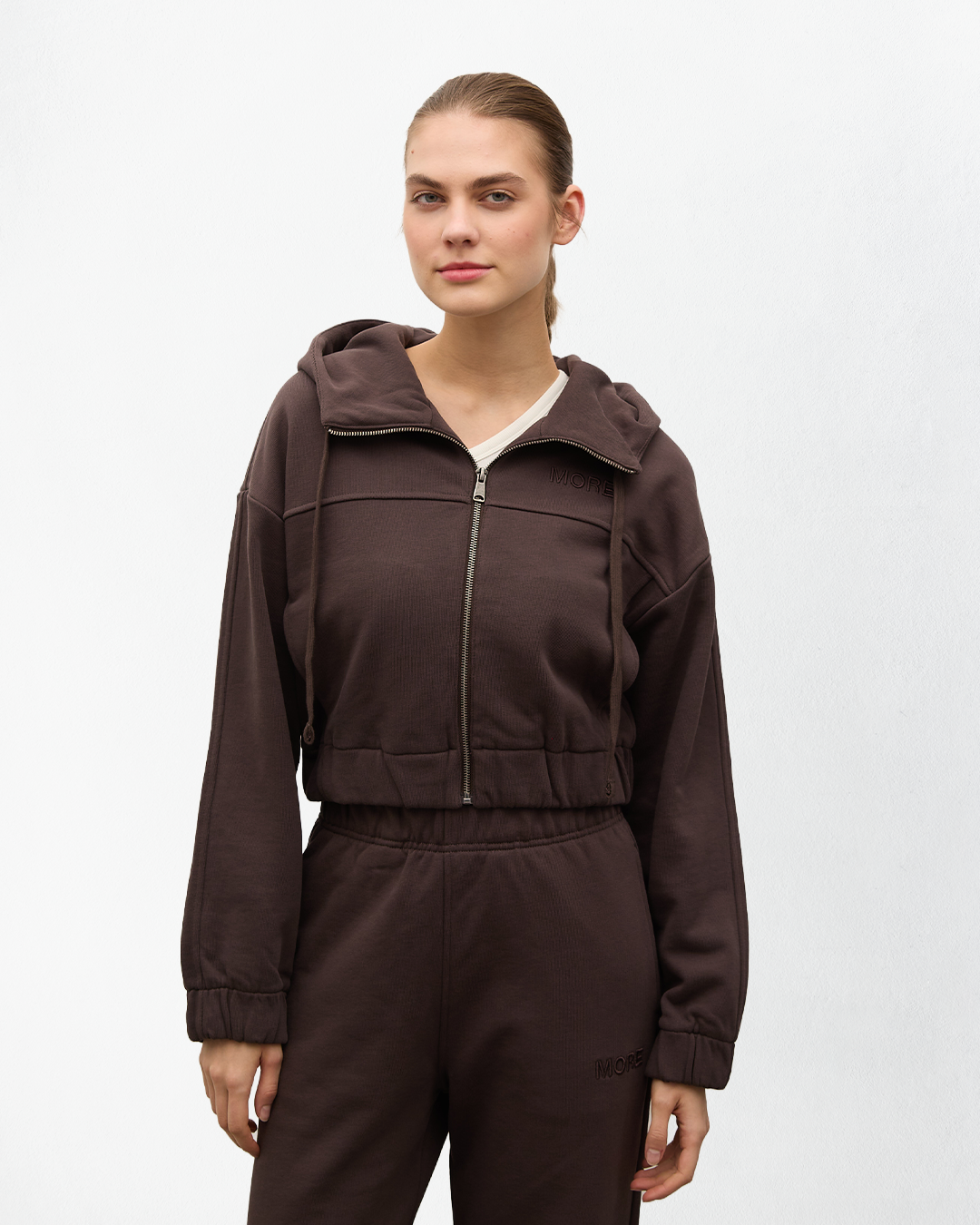 Indo Kapüşonlu Fermuarlı Crop Sweatshirt - Kahverengi