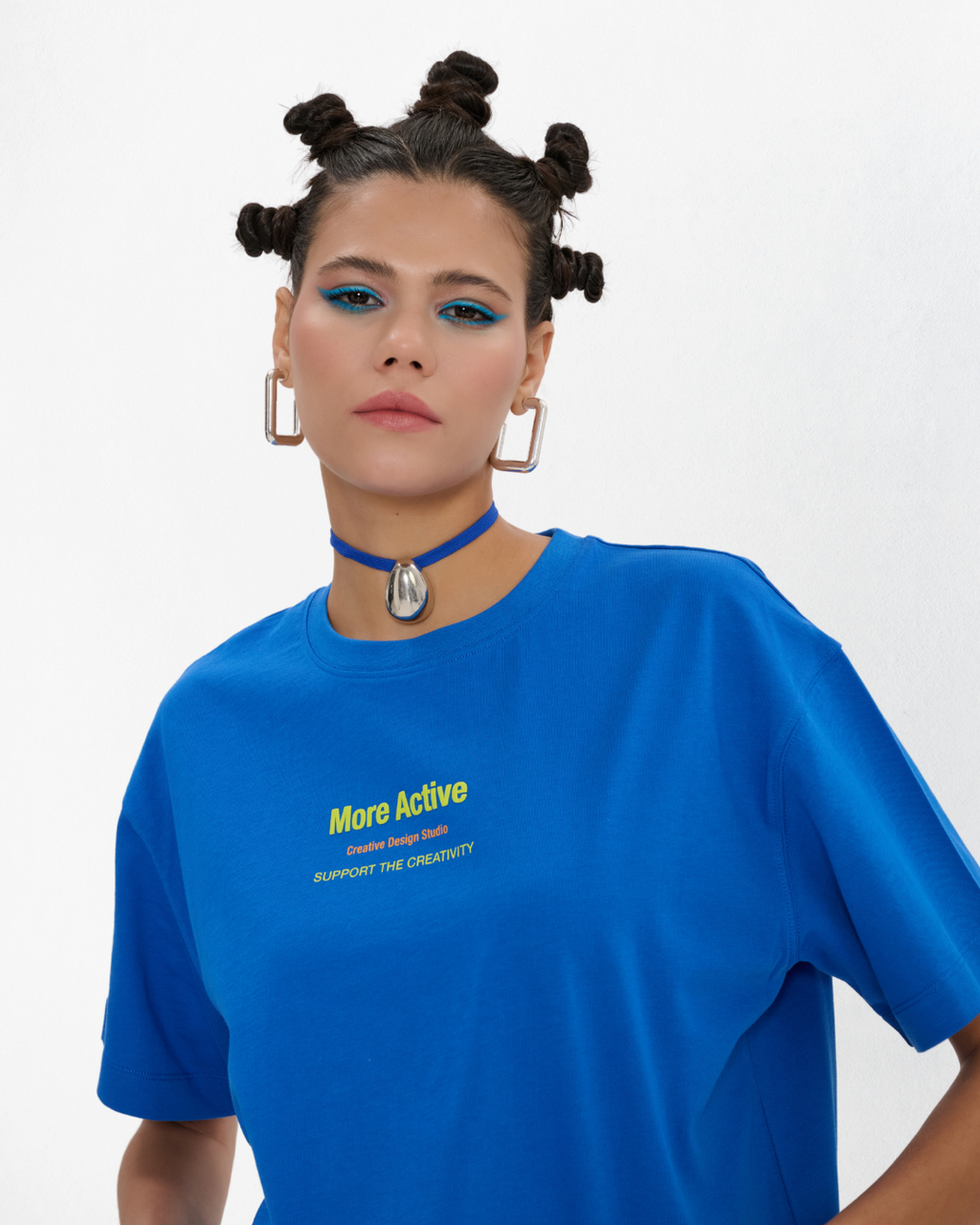 Label Oversize Grafik Baskılı T-Shirt - Mavi