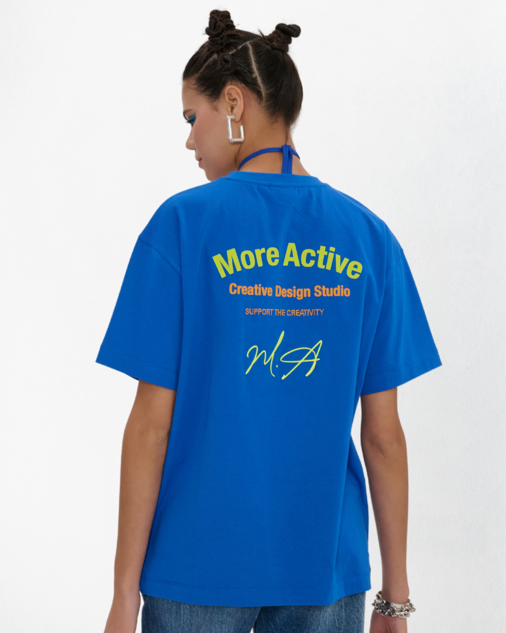Label Oversize Grafik Baskılı T-Shirt - Mavi