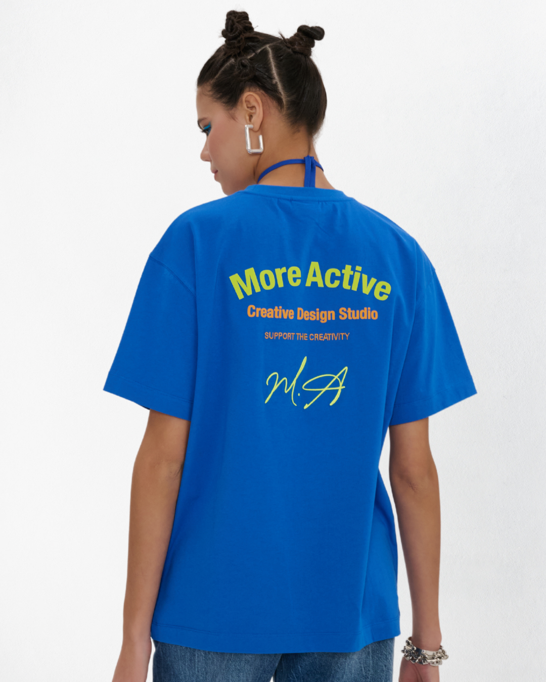 Label Oversize Grafik Baskılı T-Shirt - Mavi