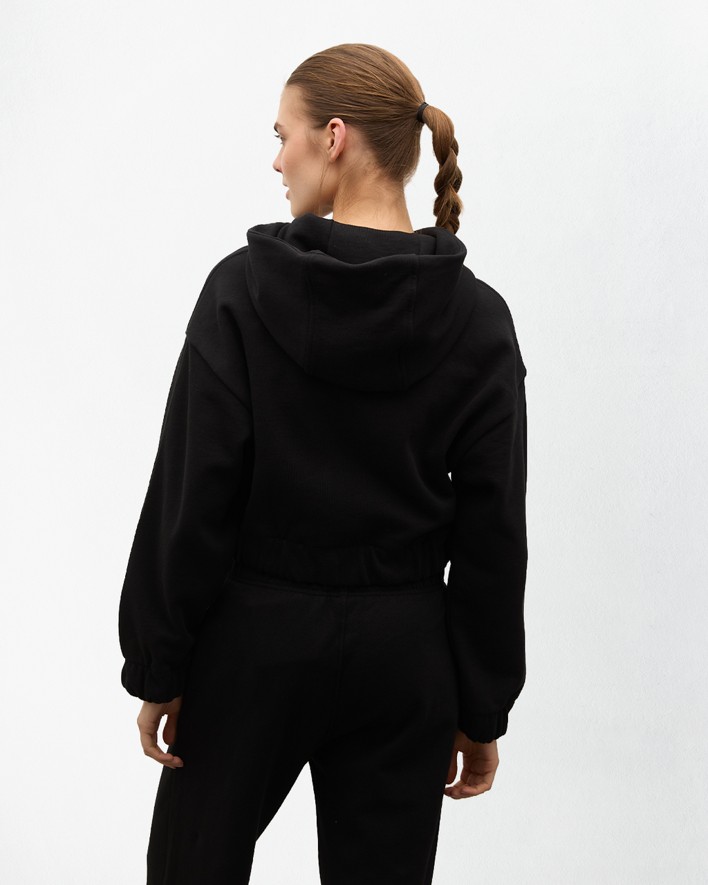 Indo Kapüşonlu Fermuarlı Crop Sweatshirt - Siyah