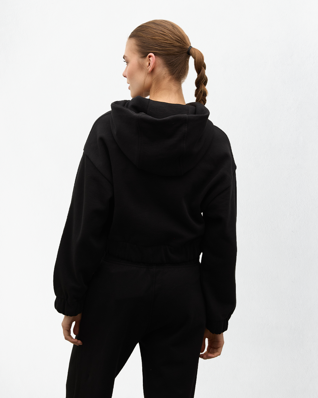 Indo Kapüşonlu Fermuarlı Crop Sweatshirt - Siyah