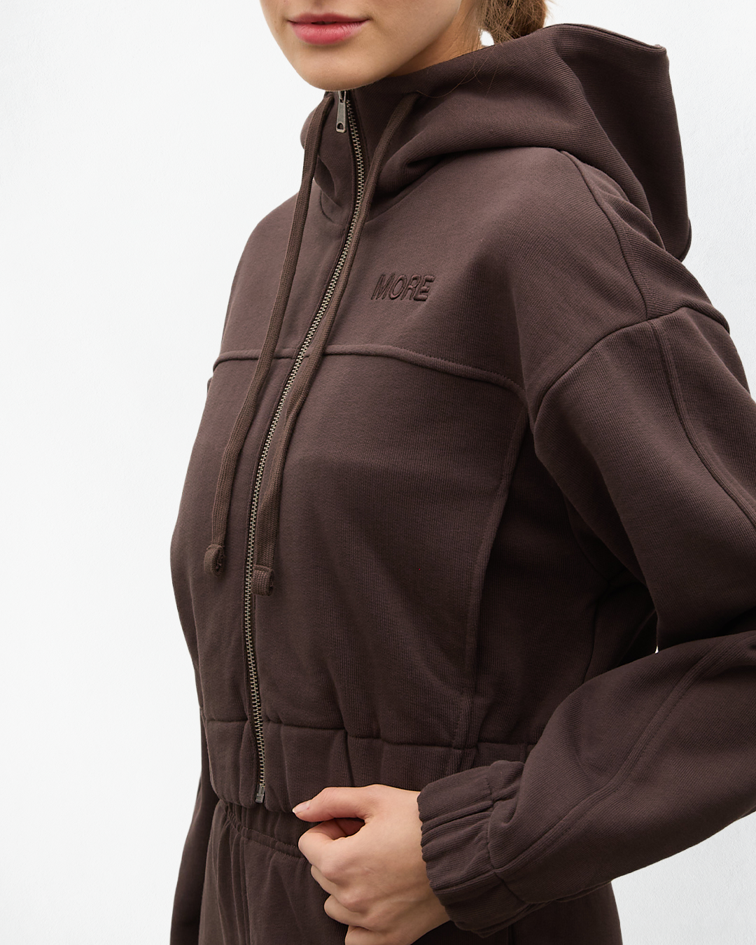 Indo Kapüşonlu Fermuarlı Crop Sweatshirt - Kahverengi