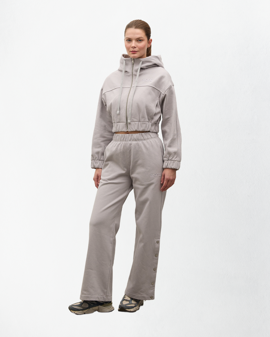 Indo Kapüşonlu Fermuarlı Crop Sweatshirt - Gri