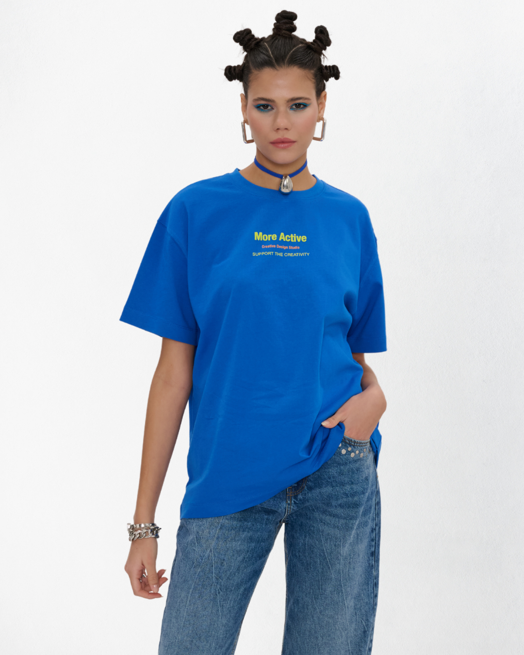 Label Oversize Grafik Baskılı T-Shirt - Mavi