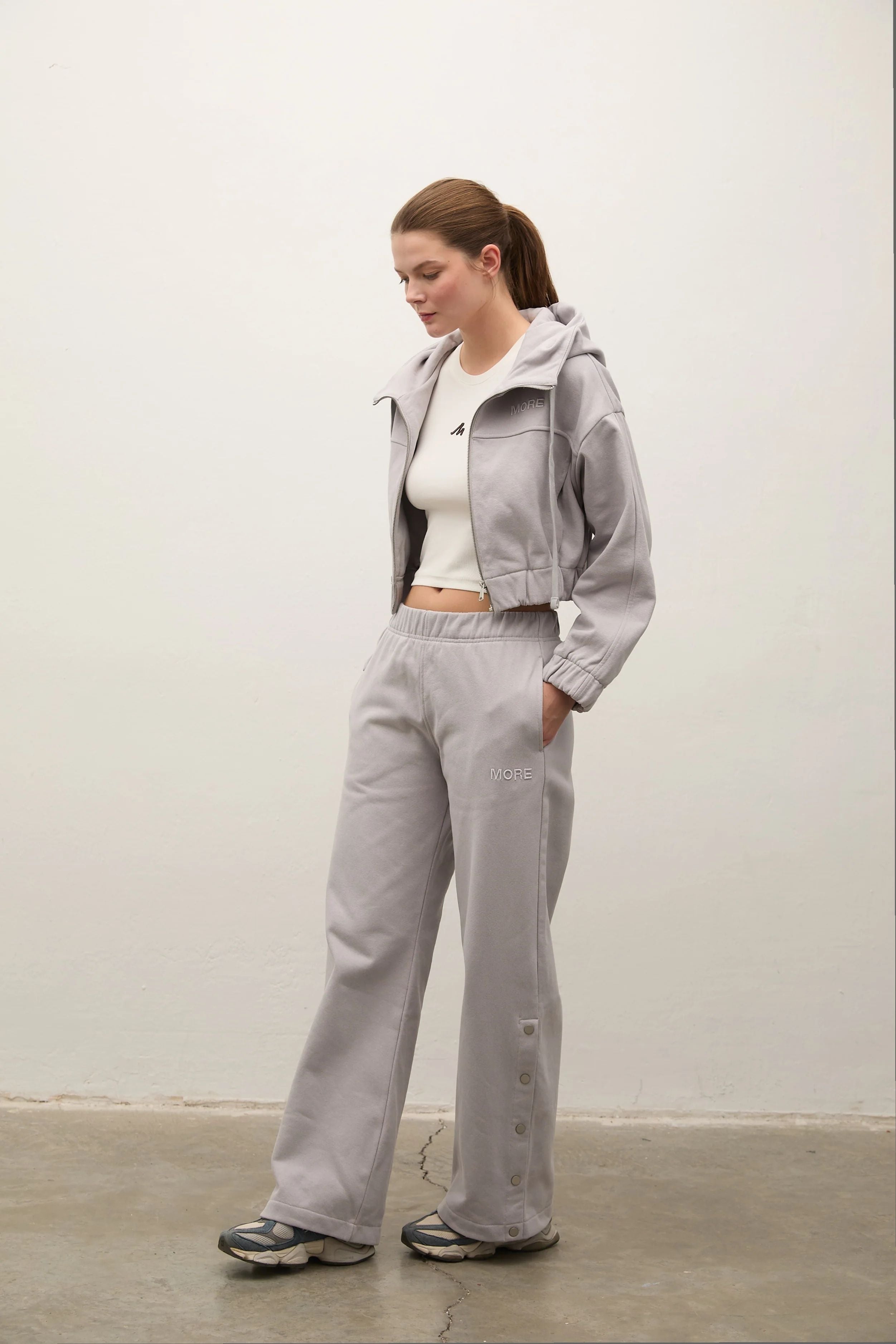Fall Düz Paça Çıtçıt Detaylı Jogger - Gri