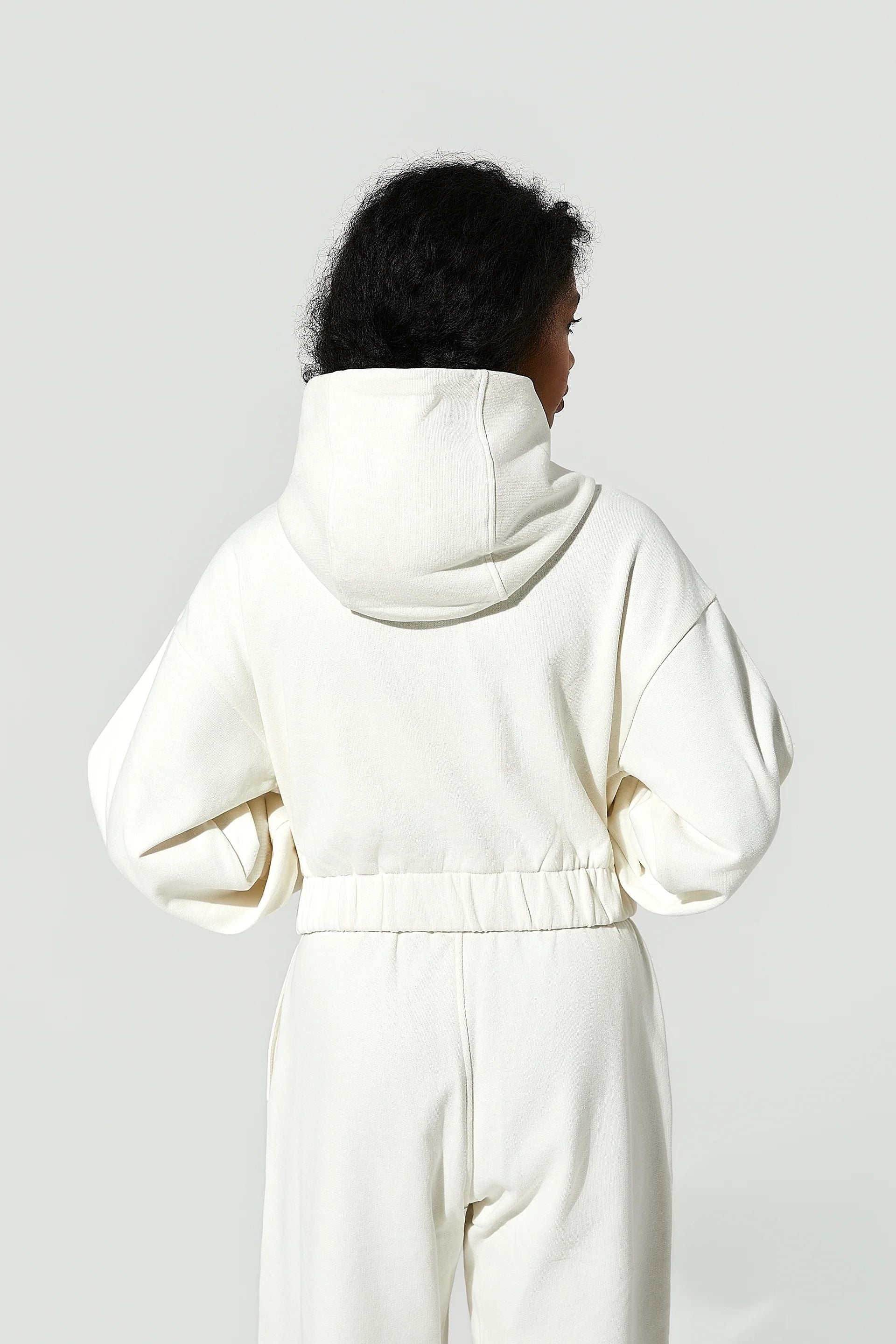 Indo Kapüşonlu Fermuarlı Crop Sweatshirt - Ecru