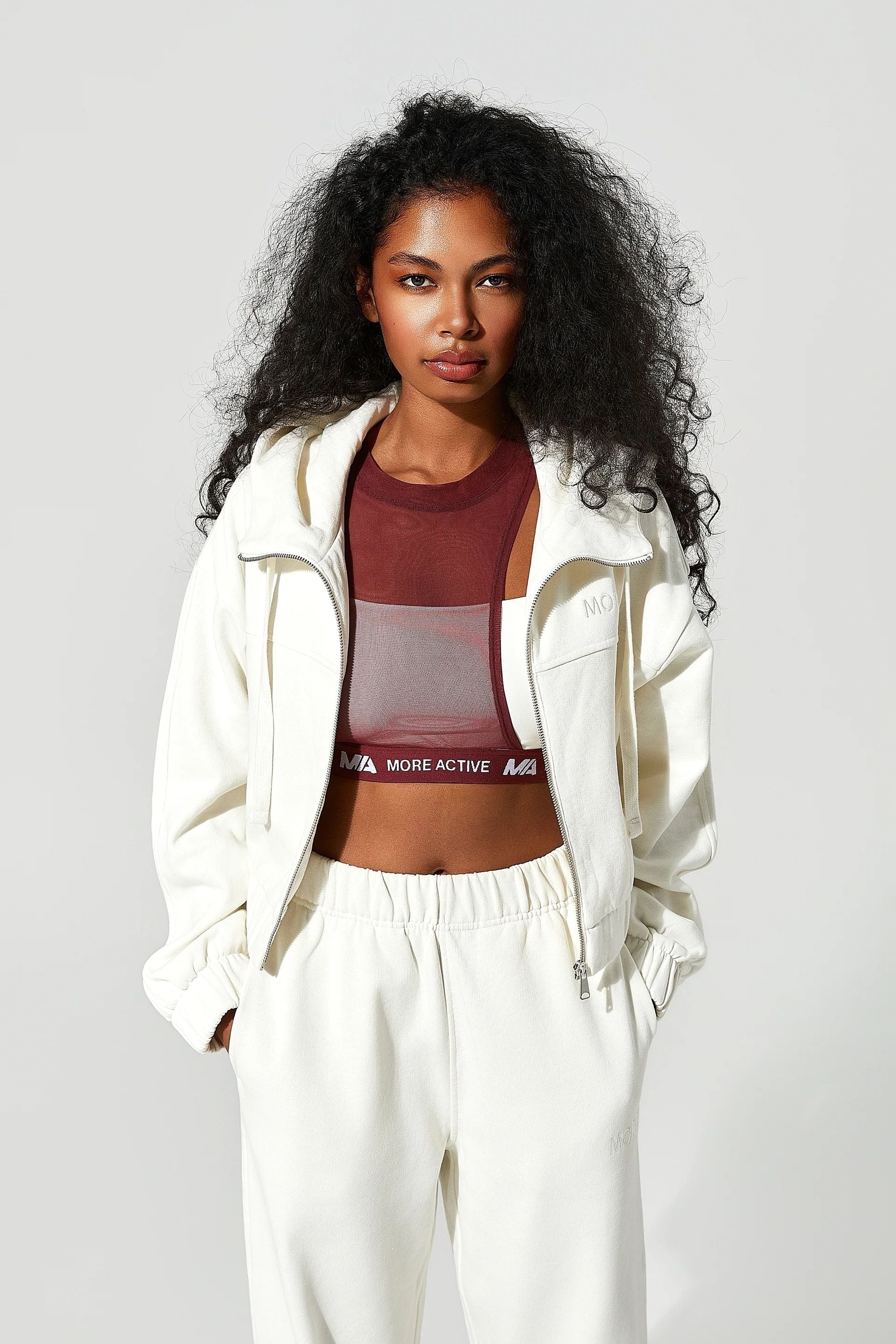 Indo Kapüşonlu Fermuarlı Crop Sweatshirt - Ecru