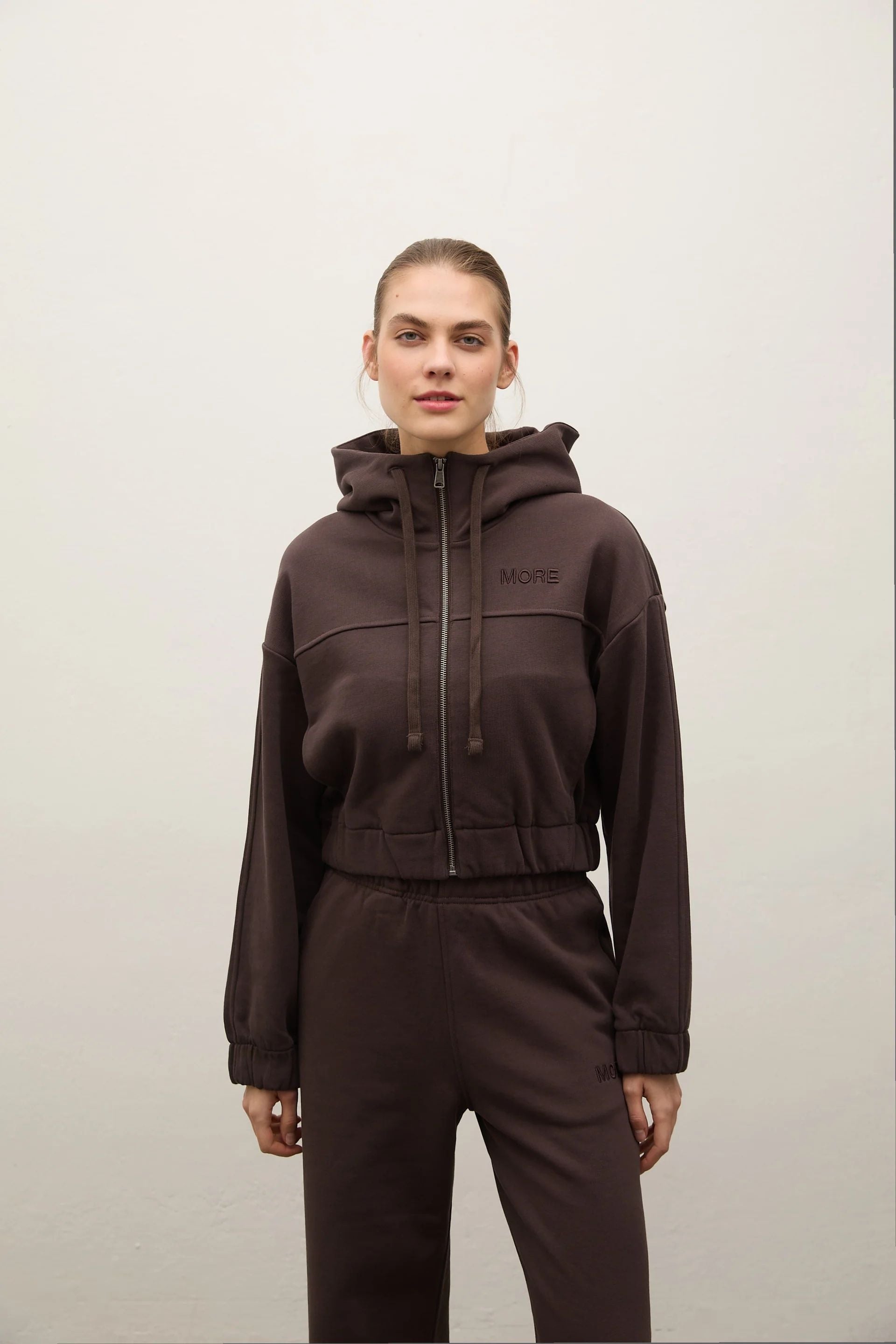 Indo Kapüşonlu Fermuarlı Crop Sweatshirt - Kahverengi