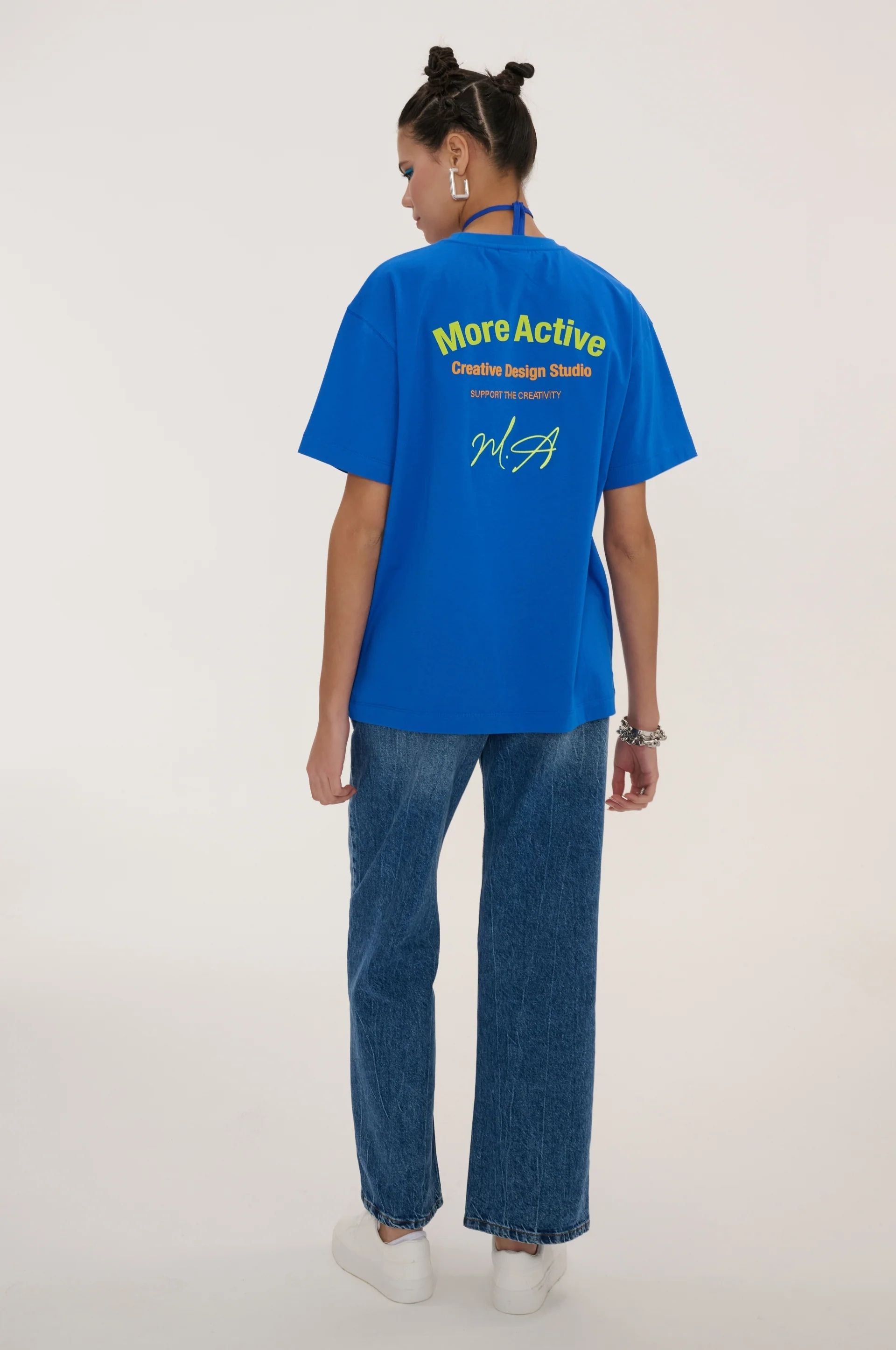 Label Oversize Grafik Baskılı T-Shirt - Mavi