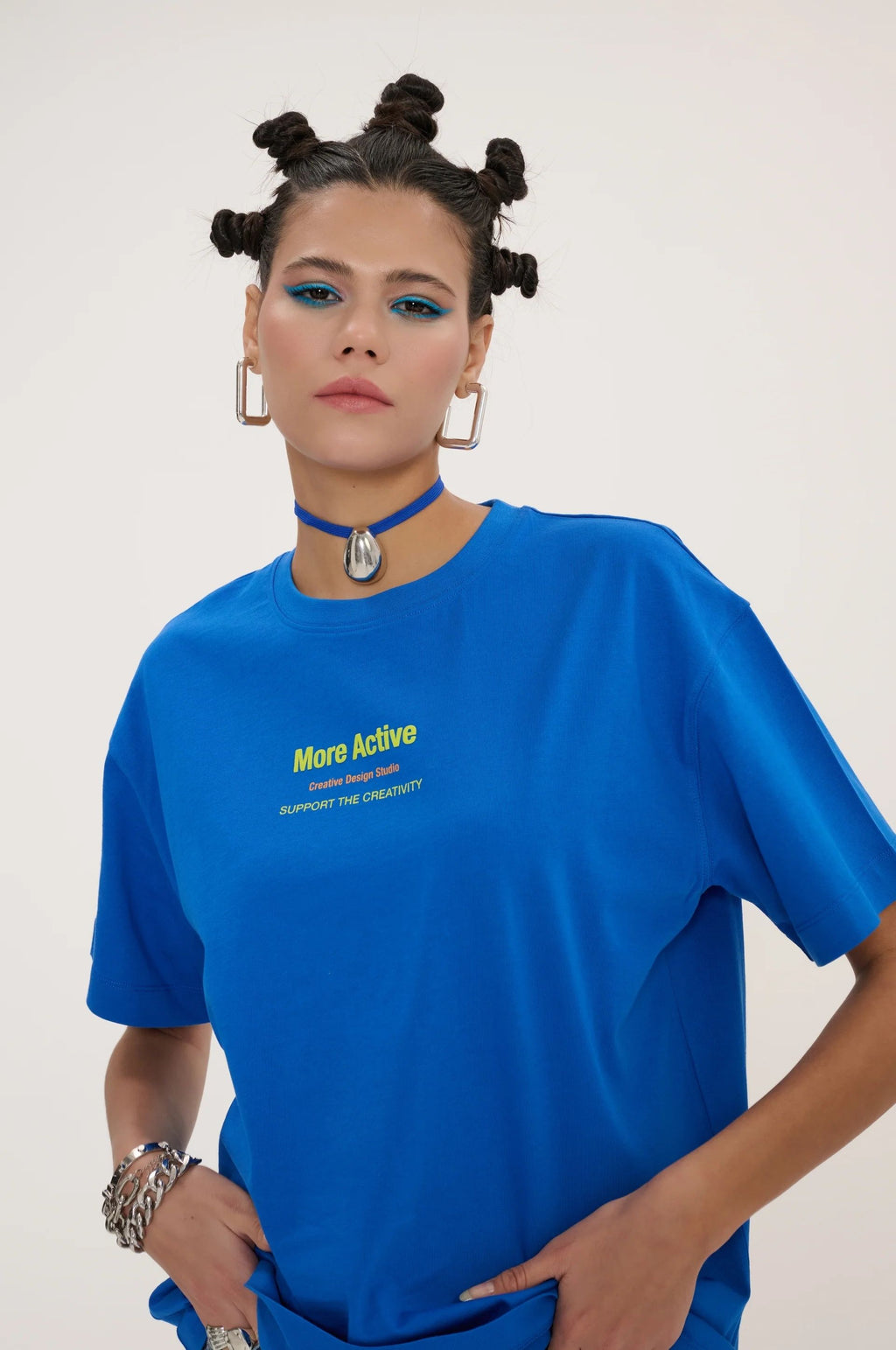Label Oversize Grafik Baskılı T-Shirt - Mavi