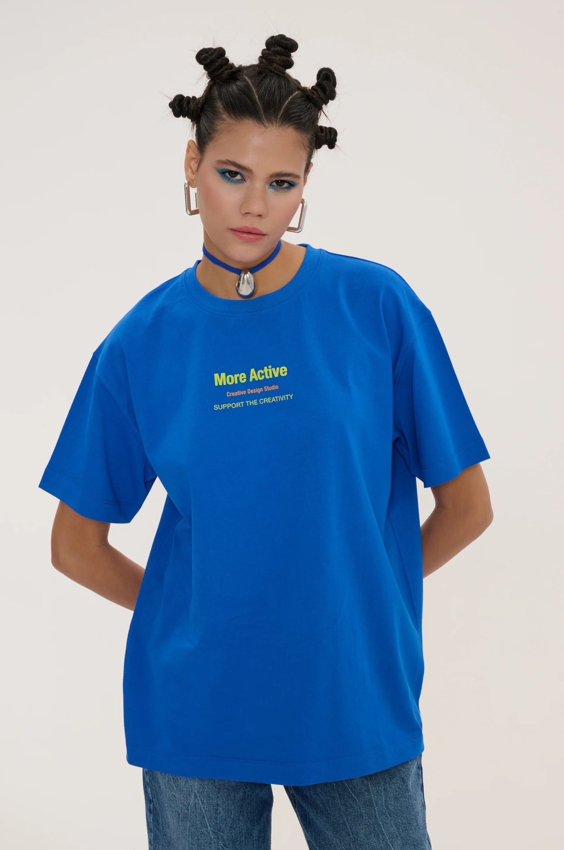 Label Oversize Grafik Baskılı T-Shirt - Mavi