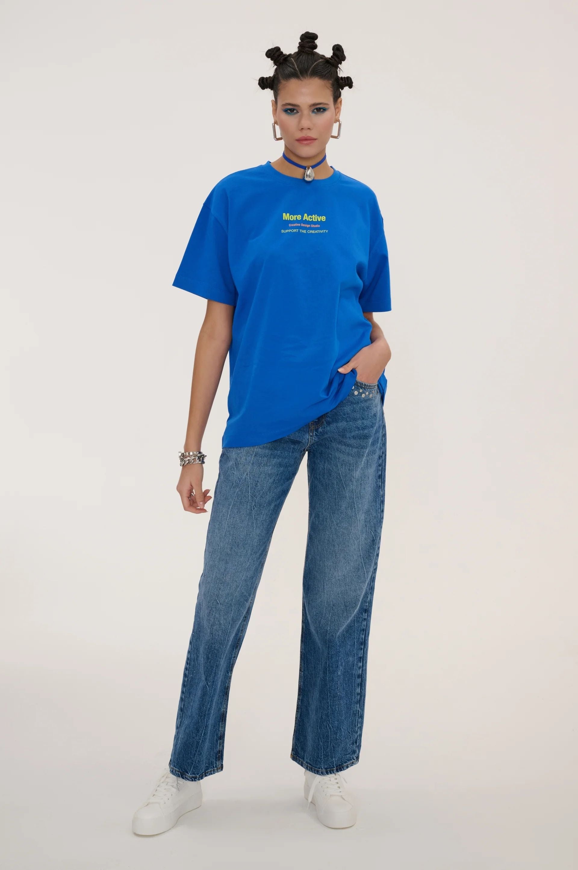 Label Oversize Grafik Baskılı T-Shirt - Mavi