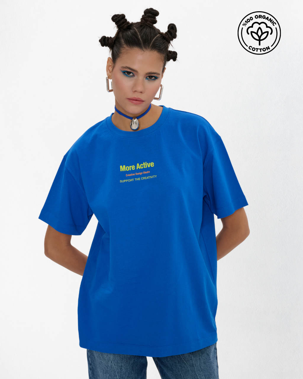 Label Oversize Grafik Baskılı T-Shirt - Mavi