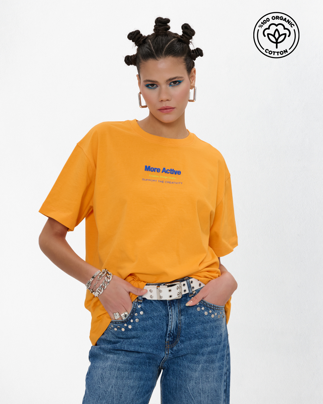 Label Oversize Grafik Baskılı T-Shirt - Turuncu