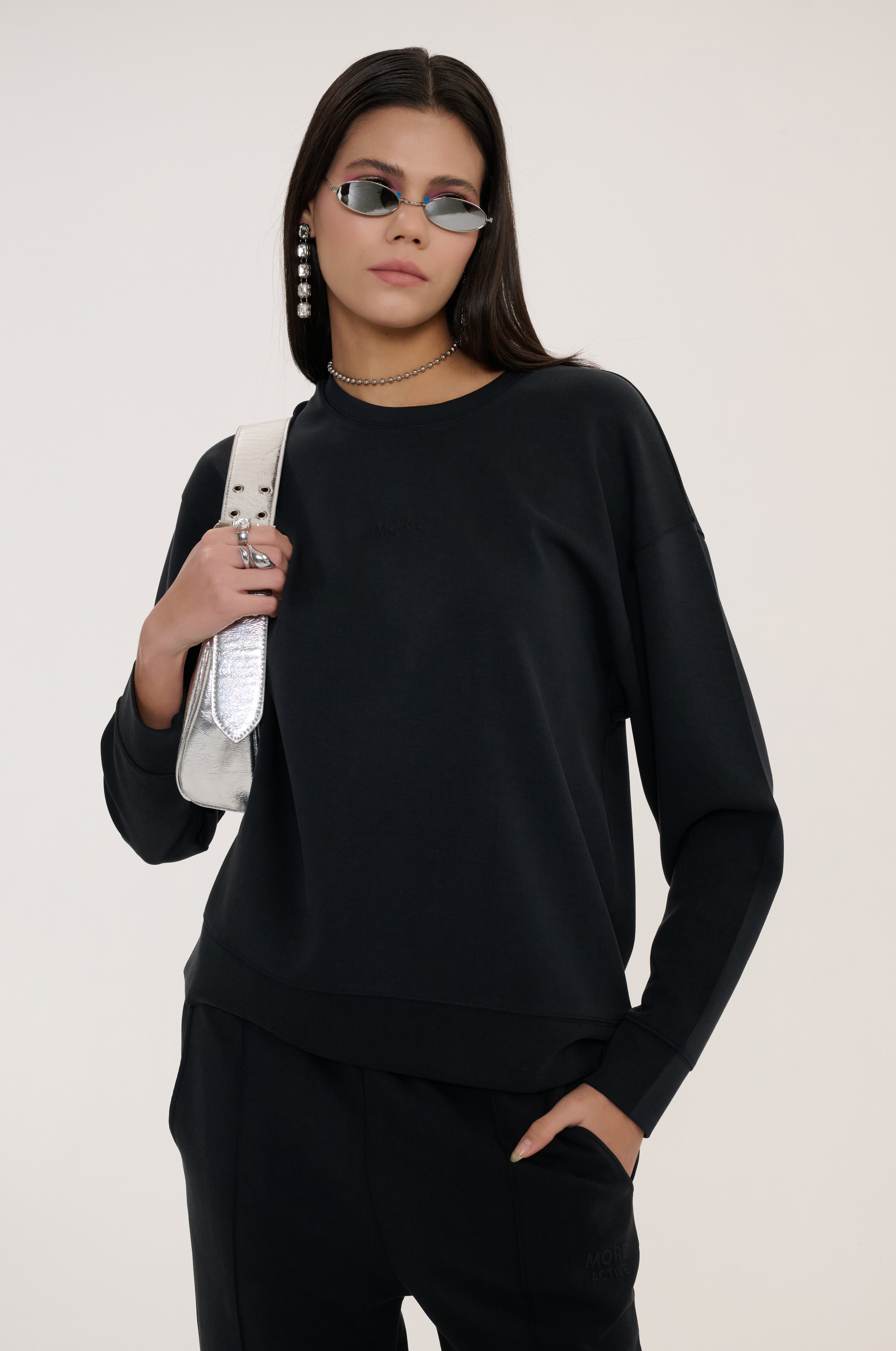 High Yumuşak Tuşeli Rahat Kesimli Sweatshirt - Siyah