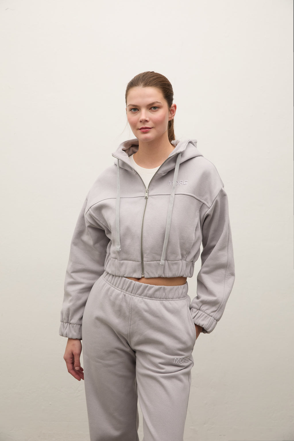 Indo Kapüşonlu Fermuarlı Crop Sweatshirt - Gri