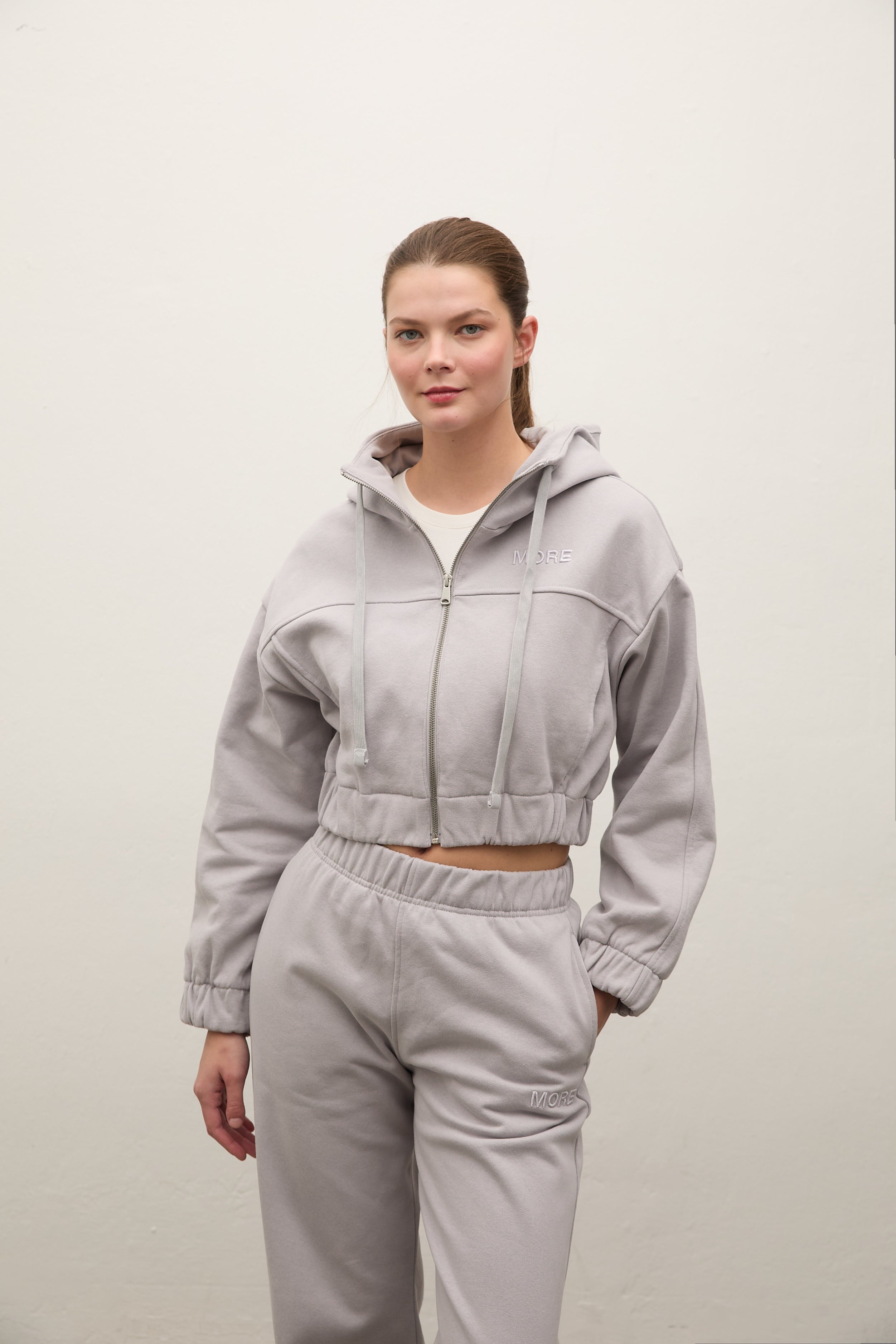 Indo Kapüşonlu Fermuarlı Crop Sweatshirt - Gri