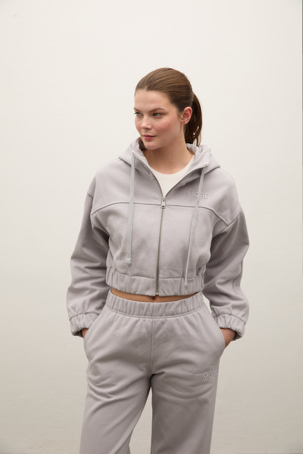 Indo Kapüşonlu Fermuarlı Crop Sweatshirt - Gri