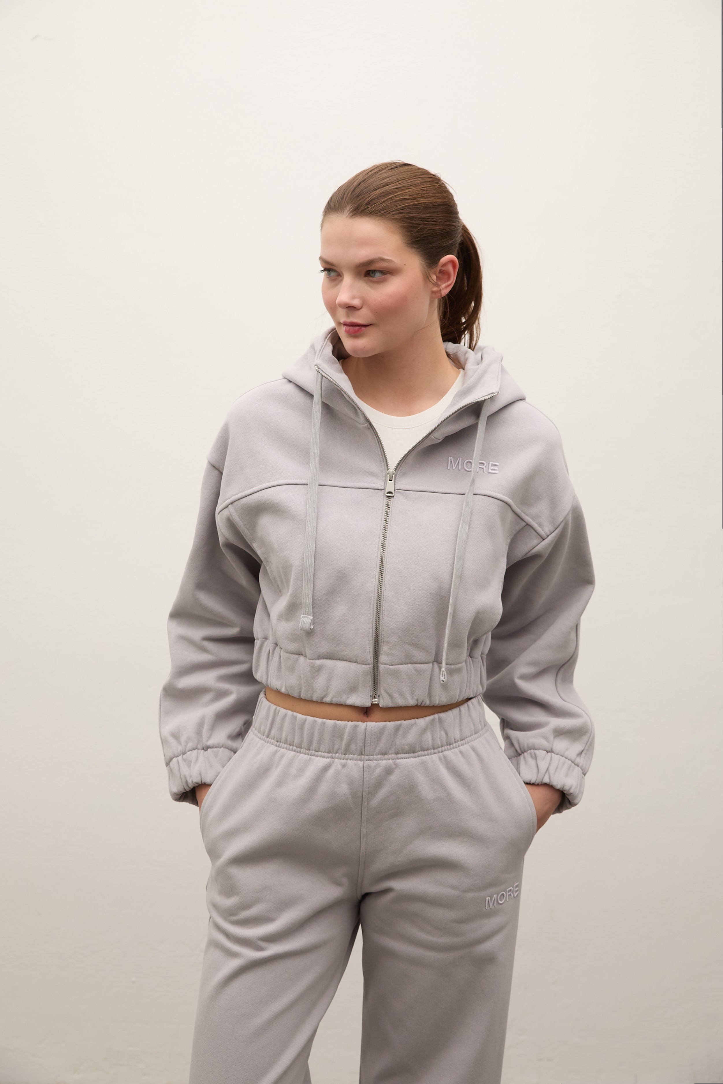 Indo Kapüşonlu Fermuarlı Crop Sweatshirt - Gri