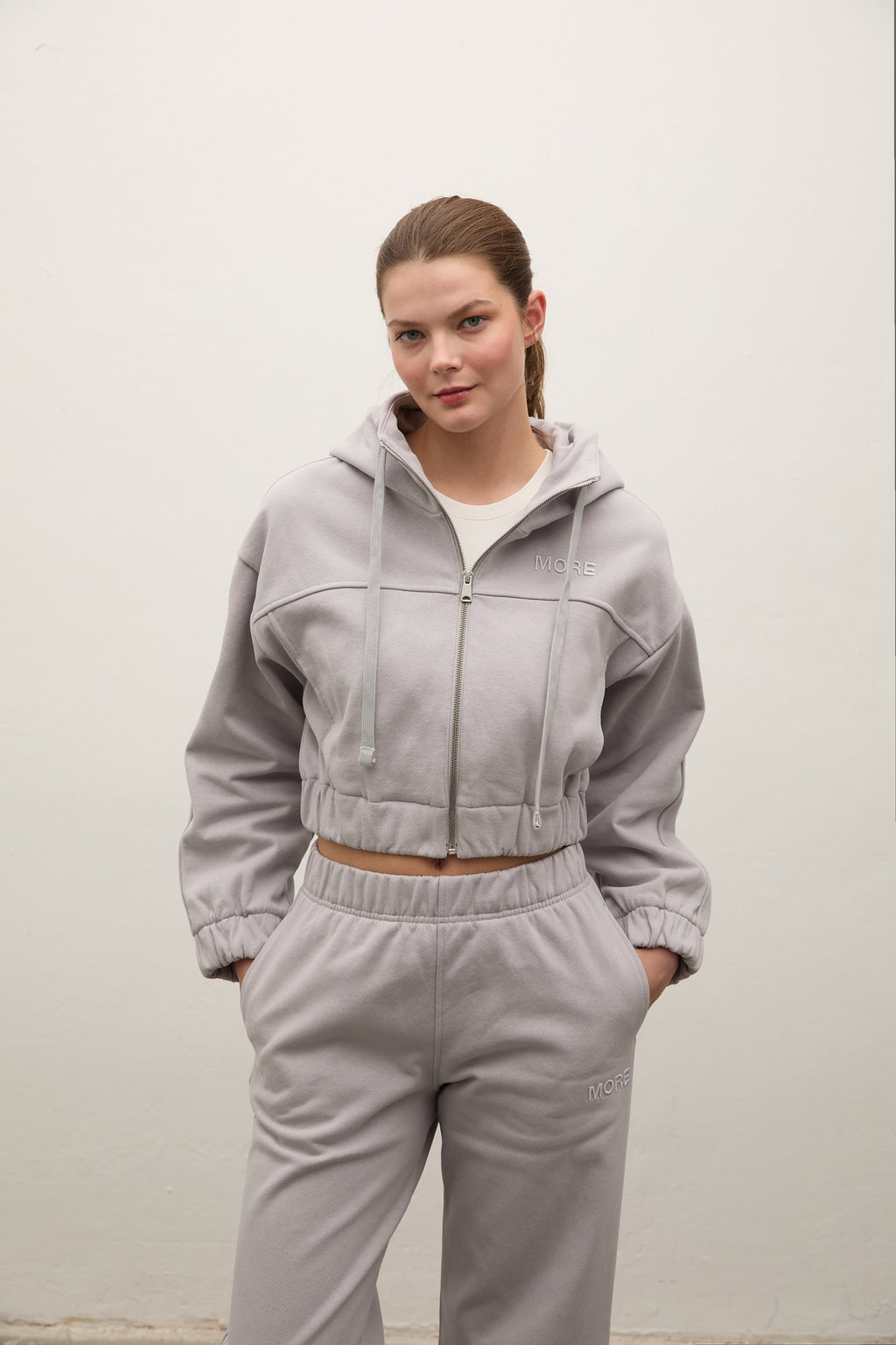 Indo Kapüşonlu Fermuarlı Crop Sweatshirt - Gri